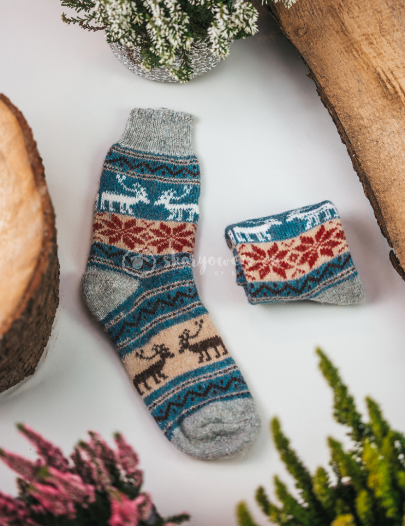 Black and gray socks with pink flowers made of rabbit wool Black and gray socks with pink flowers made of rabbit wool