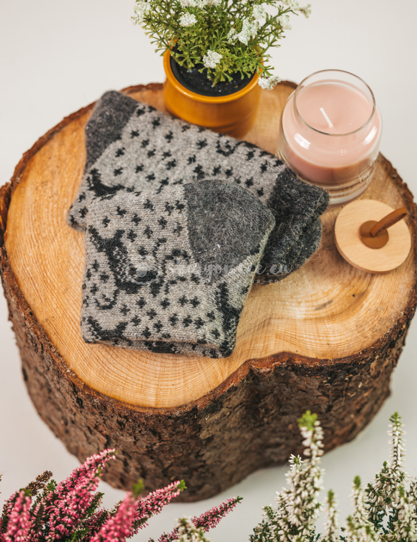 Black and gray socks with pink flowers made of rabbit wool Black and gray socks with pink flowers made of rabbit wool