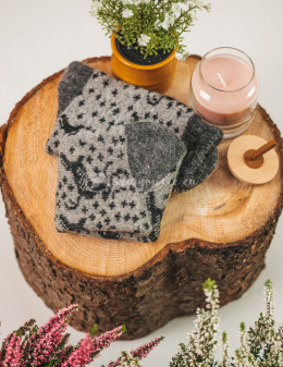 Black and gray socks with pink flowers made of rabbit wool