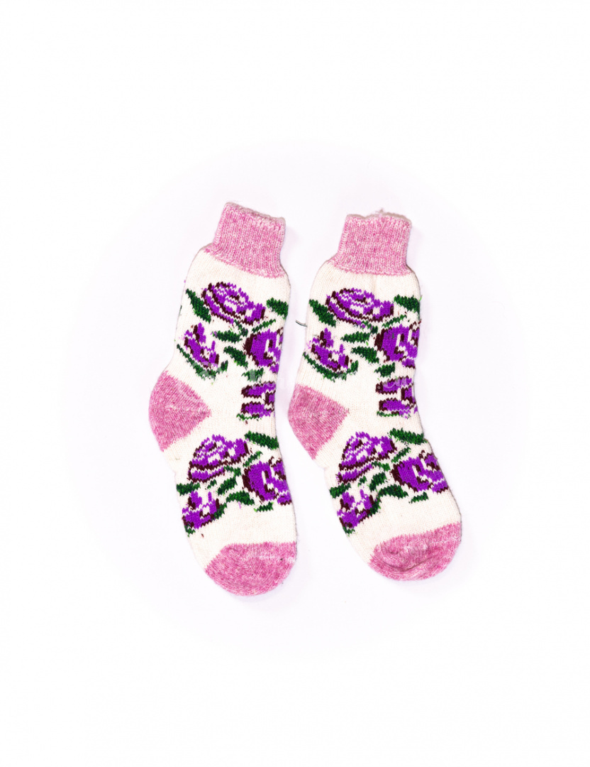 Black and gray socks with pink flowers made of rabbit wool Black and gray socks with pink flowers made of rabbit wool