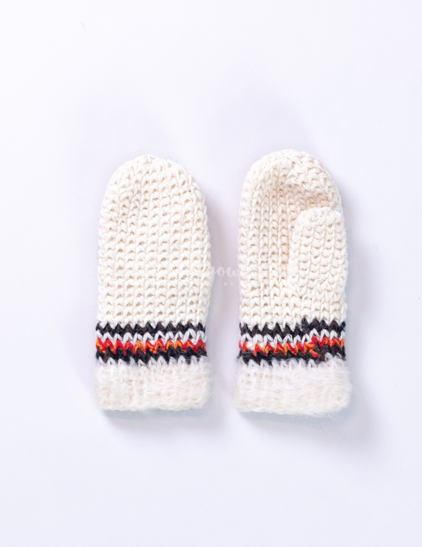 Woolen, cream mittens with brown, black and white stiching Woolen, cream mittens with brown, black and white stiching