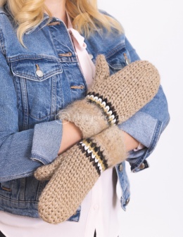 Jednopalczaste, wełniane, jasno brązowe rękawiczki z czarno-brązowym przeszyciem