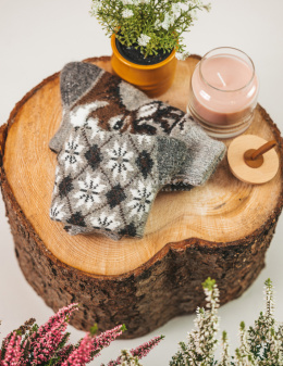 Black and gray socks with pink flowers made of rabbit wool