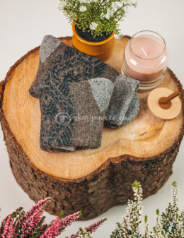 Black and gray socks with pink flowers made of rabbit wool