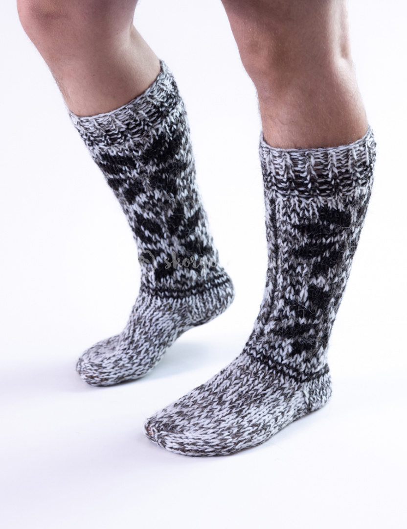 High, thick, white socks with wool filling with a gray, highlander pattern High, thick, white socks with wool filling with a gray, highlander pattern