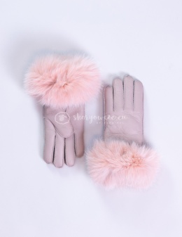 Dirty pink leather women's gloves with fur trim
