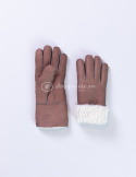 Brązowe rękawiczki damskie ze skóry jagnięcej żywicowanej z jasnym wywinięciem