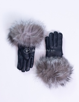 Women's black lambskin mittens with leopard fur