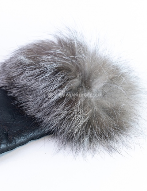 Czarne rękawiczki damskie ze skóry jagnięcej z szarym futerkiem z szynszyla