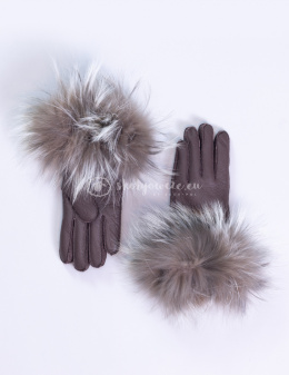 Brązowo- czekoladowe rękawiczki damskie skórzane z futrzanym obszyciem