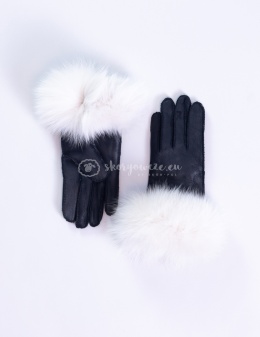 Black + white women's leather gloves with fur trim