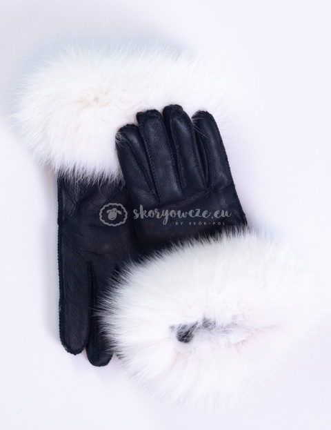 Black + white women's leather gloves with fur trim