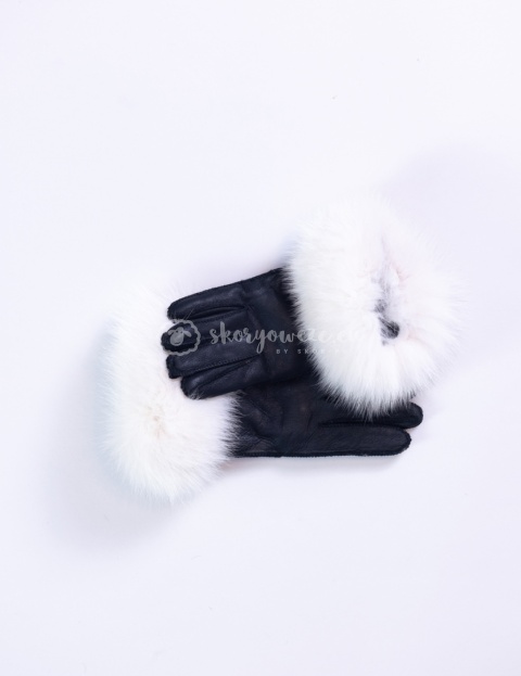 Black + white women's leather gloves with fur trim