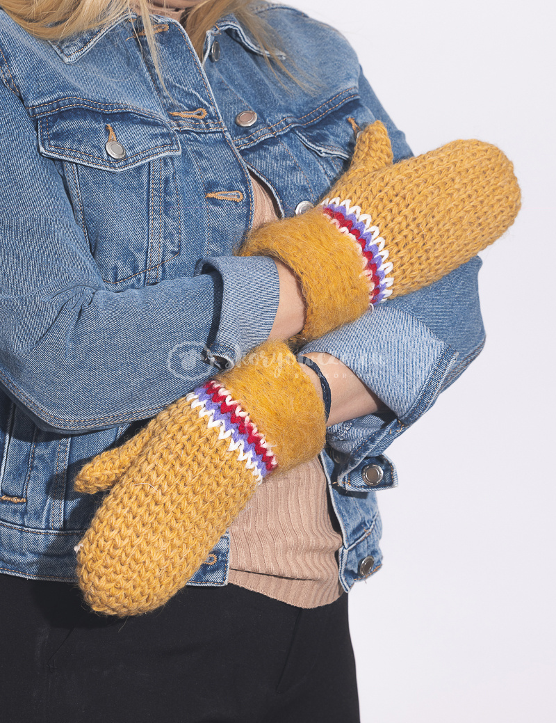 Mittens, woolen mustard gloves with colored stitching Mittens, woolen mustard gloves with colored stitching