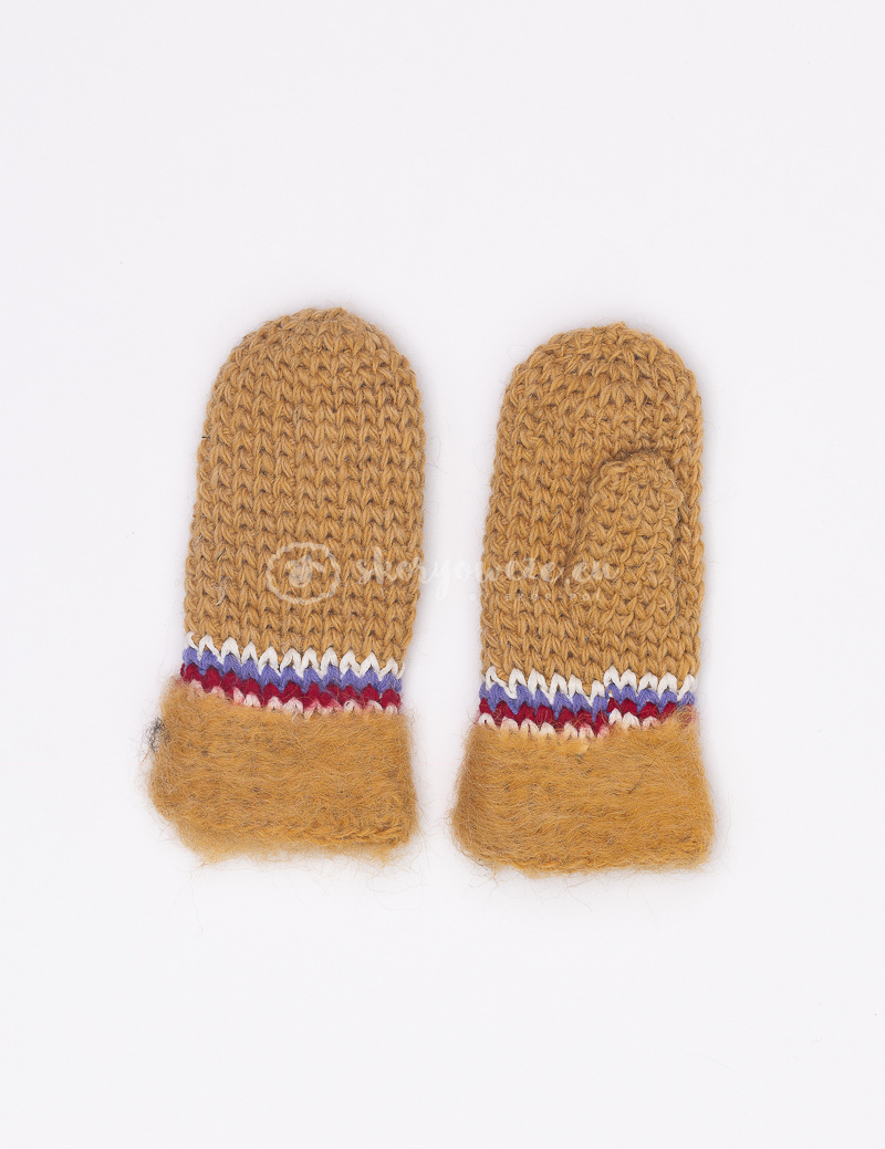 Mittens, woolen mustard gloves with colored stitching Mittens, woolen mustard gloves with colored stitching