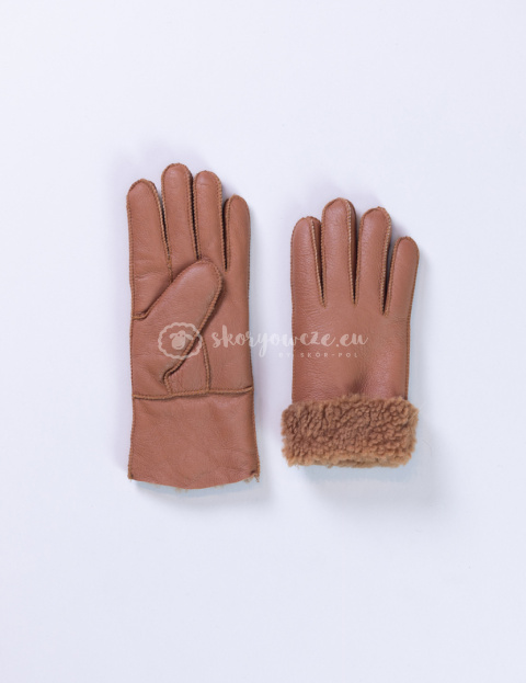 Karmelowe rękawiczki damskie ze skóry jagnięcej żywicowanej wywijane