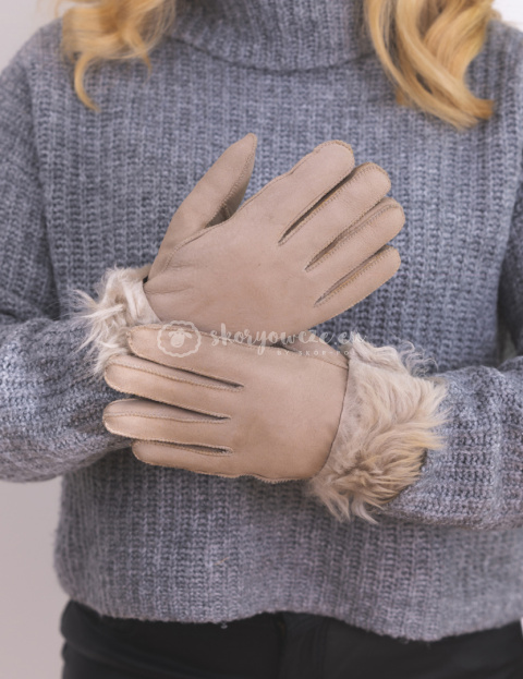 Klasyczne jasno beżowe rękawiczki damskie ze skóry jagnięcej nubukowej wywijane