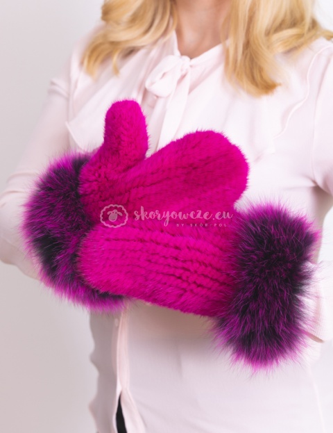 Ekskluzywna rękawiczka damska jednopalczasta norka + lis fuksjowy róż