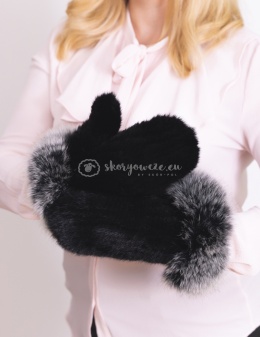 Ekskluzywna rękawiczka damska jednopalczasta norka + lis czarny plus srebro
