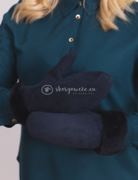 Ciemnogranatowe, nubukowe jednopalczaste rękawiczki ze skóry jagnięcej
