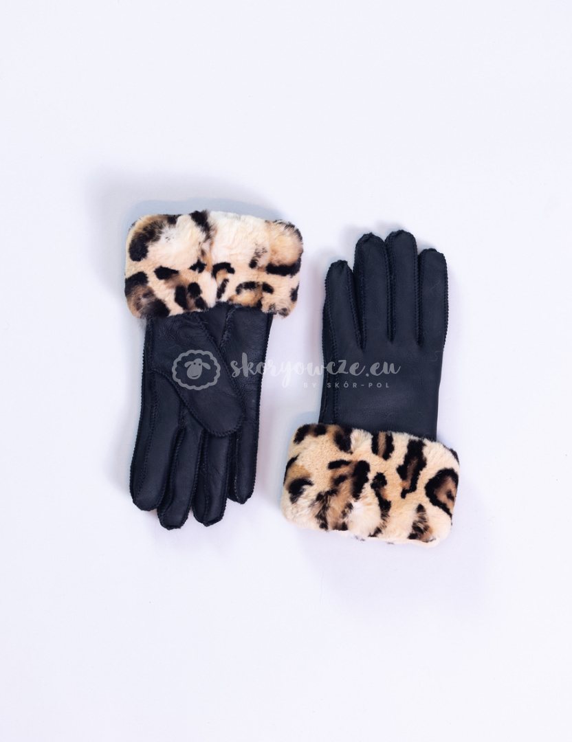 Women's black lambskin mittens with leopard fur Women's black lambskin mittens with leopard fur
