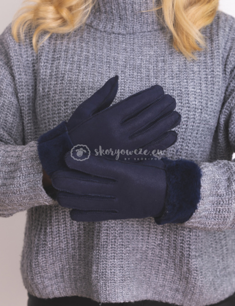 Women's dark blue lambskin gloves with light hem Women's dark blue lambskin gloves with light hem