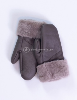 Kawowe jednopalczasate rękawiczki ze skóry jagnięcej żywicowanej z beżową końcówką